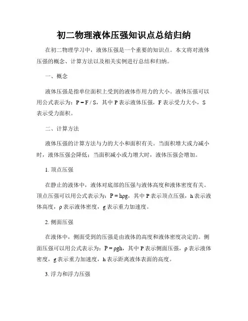 初二物理液体压强知识点总结归纳