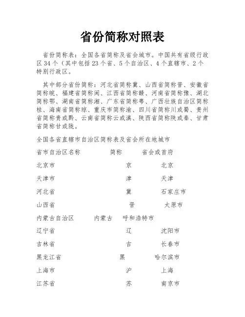省份简称对照表