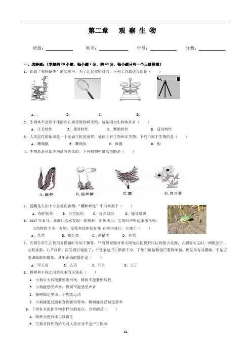 浙教版科学七年级上册科学第二章观察生物自测