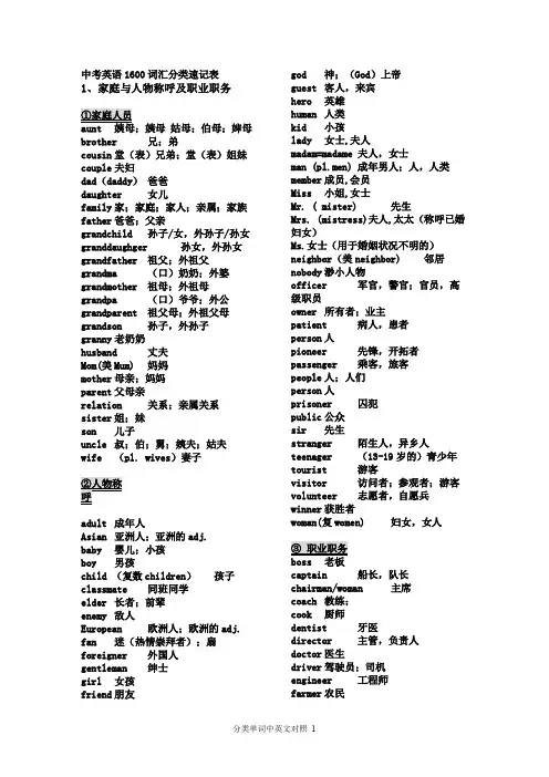 中考英语1600词汇分类速 中英文打印版 