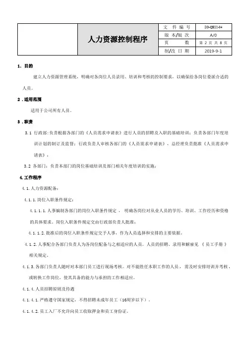 ISO45001人力资源控制程序