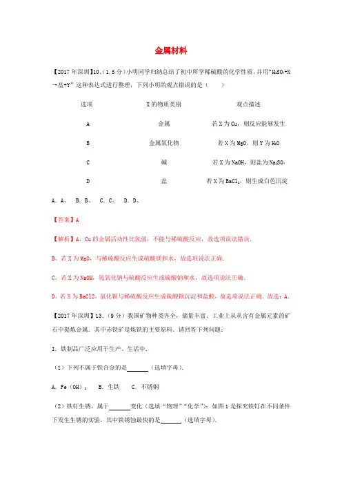 广东省深圳市中考化学试题分类汇编 金属材料(含2008-2017十年中考试题)含答案