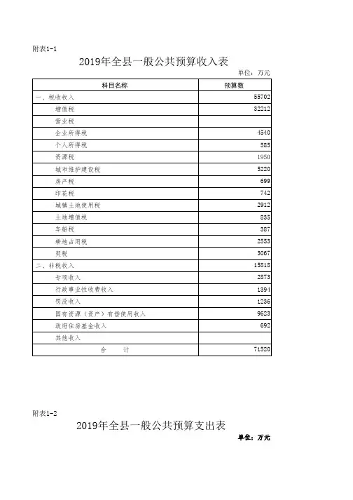 2019年全县一般公共预算收入表