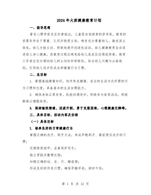 2024年大班健康教育计划（五篇）