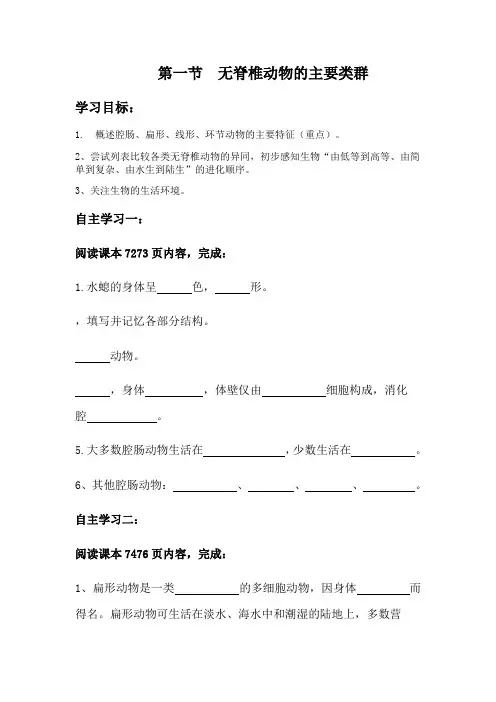 无脊椎动物的主要类群导学案济南版生物七年级上册