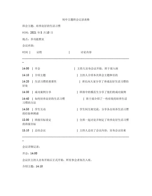 初中主题班会记录表格