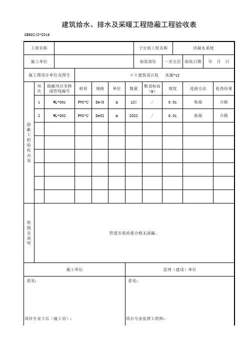 给水、排水及采暖工程隐蔽工程验收表