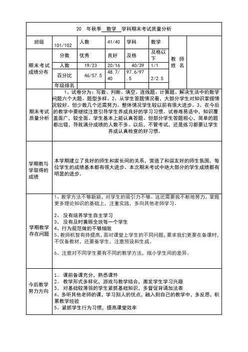 一年级上册数学期末教学质量分析