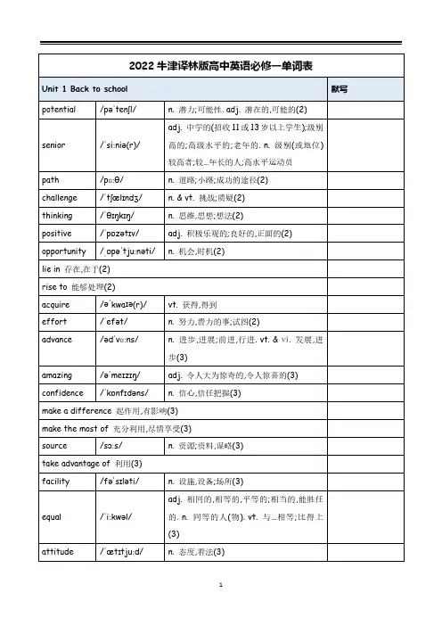 2022译林版新教材高一英语必修一单词表及默写表