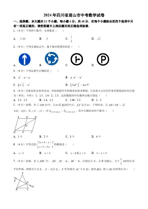 2024年四川省眉山市中考数学试题(含答案)