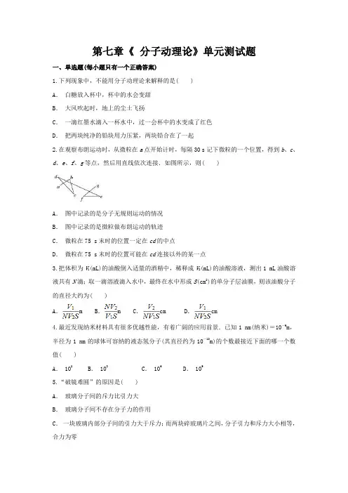 人教版高中物理选修3-3 第七章《 分子动理论》单元测试题(含解析)