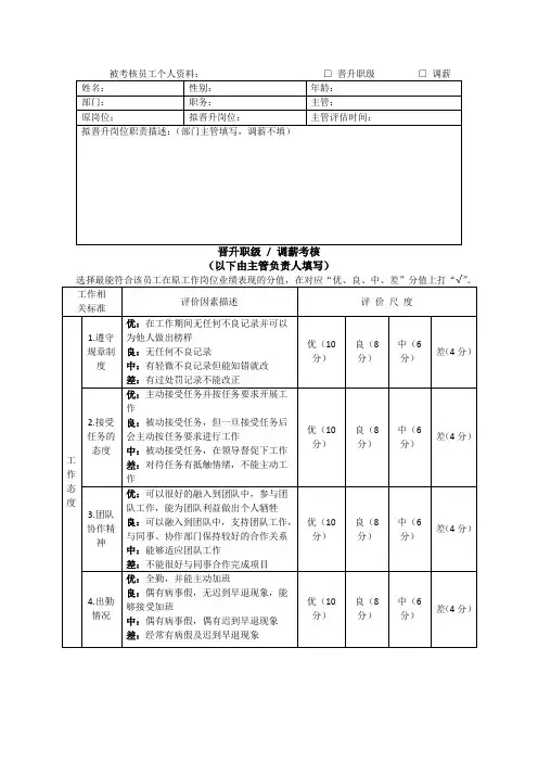 员工晋升职级调薪考核表