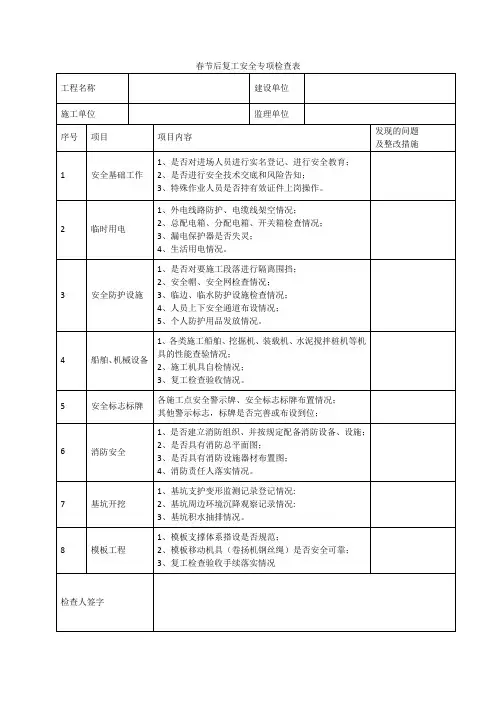 春节后复工安全专项检查表