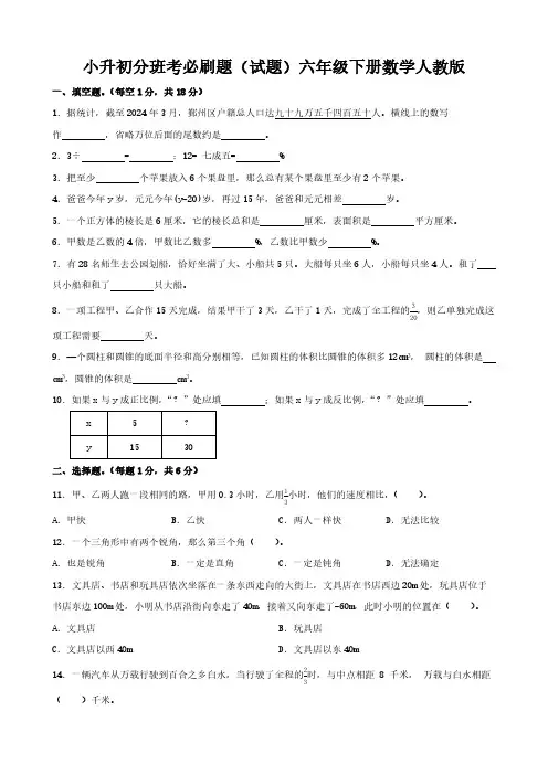 小升初分班考必刷题 试题(含答案)2023-2024学年六年级下册数学人教版 2