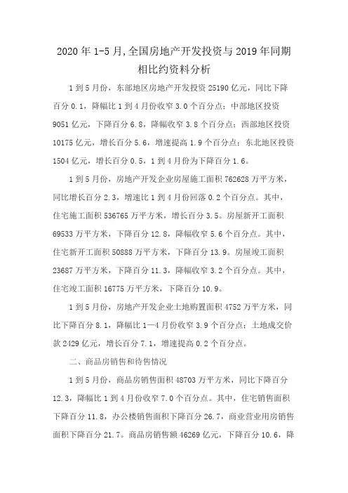 2020年1-5月,全国房地产开发投资与2019年同期相比约资料分析