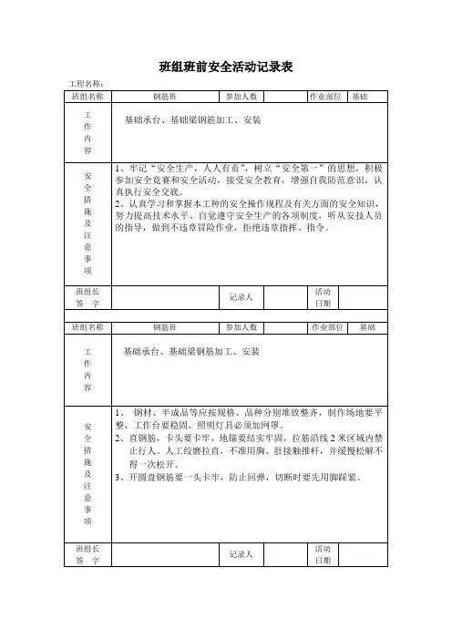建设工程班组班前安全活动记录表