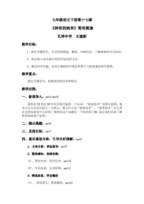 王建新-七年级-语文下册-第十七课《神奇的纳米》教案