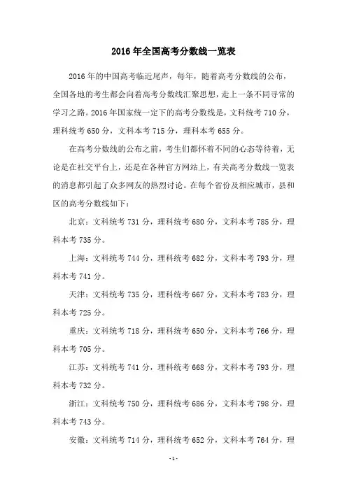 2016年全国高考分数线一览表