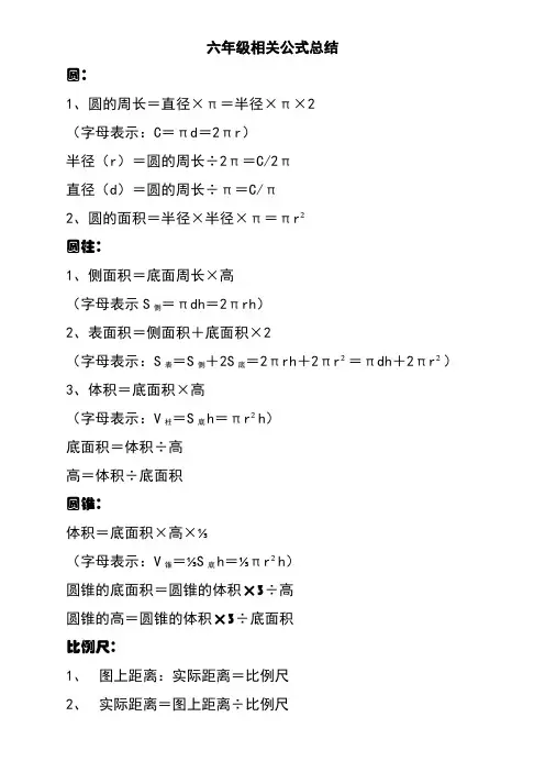 六年级数学下册常用公式