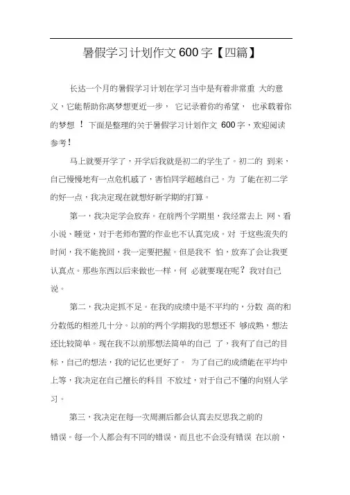 暑假学习计划作文600字【四篇】