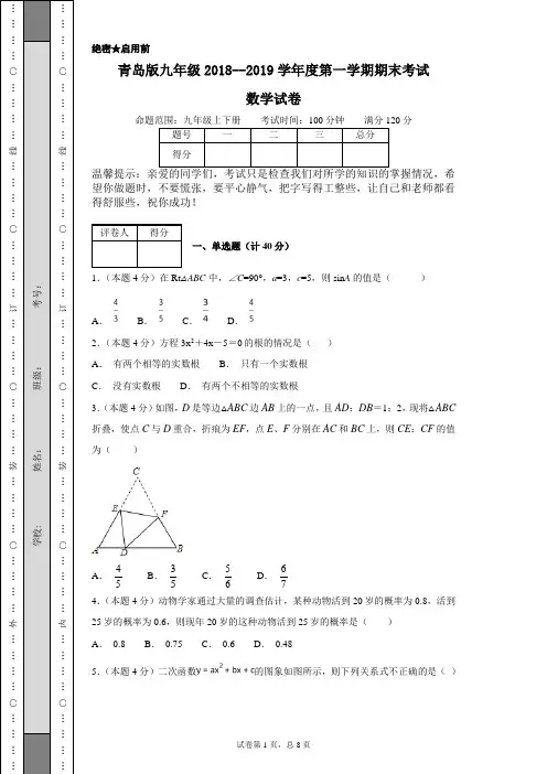 青岛版九年级2018--2019学年度第一学期期末考试数学试卷