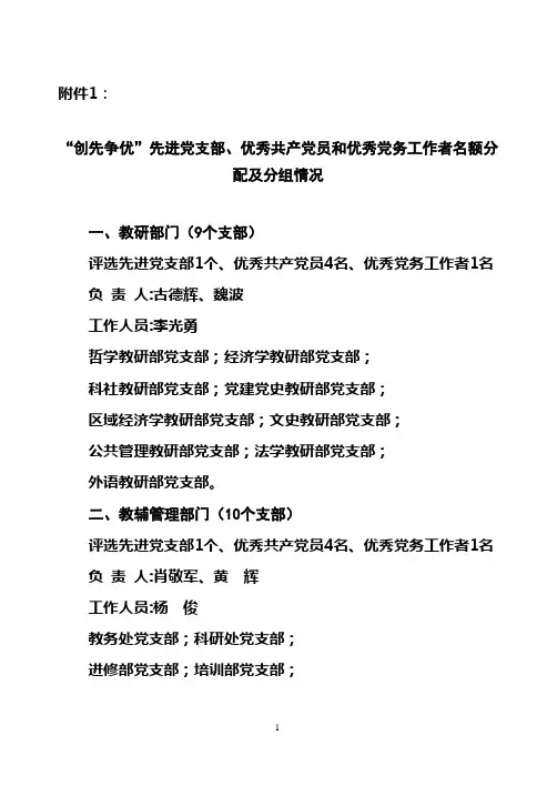 “创先争优”先进党支部、优秀共产党员和优秀党务工作者名额分配及分组情况