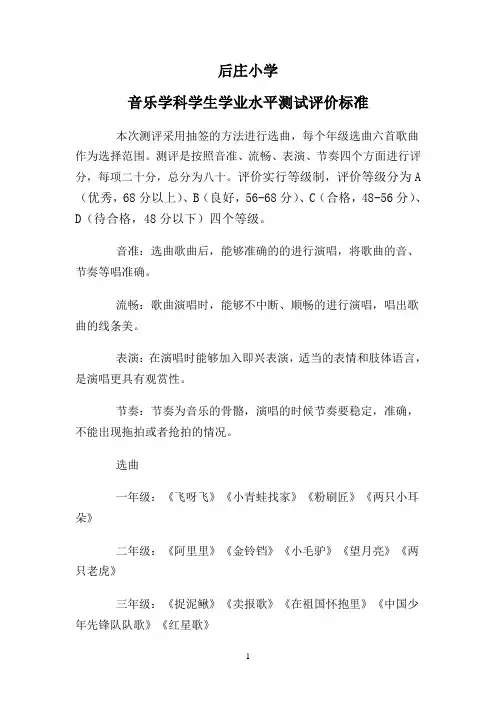 音乐学科学生学业水平测试评价标准
