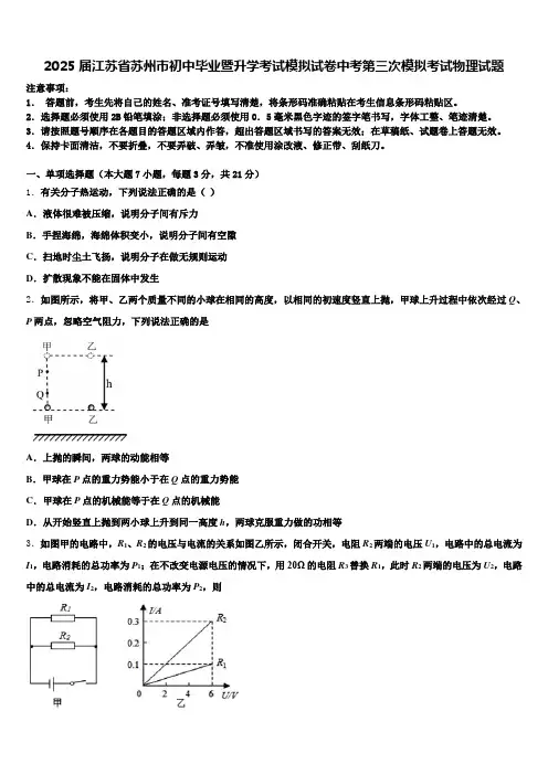 2025届江苏省苏州市初中毕业暨升学考试模拟试卷中考第三次模拟考试物理试题含解析
