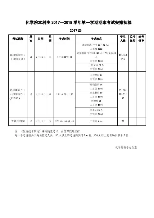 化学院本科生20172018学年第一学期期末考试安排初稿