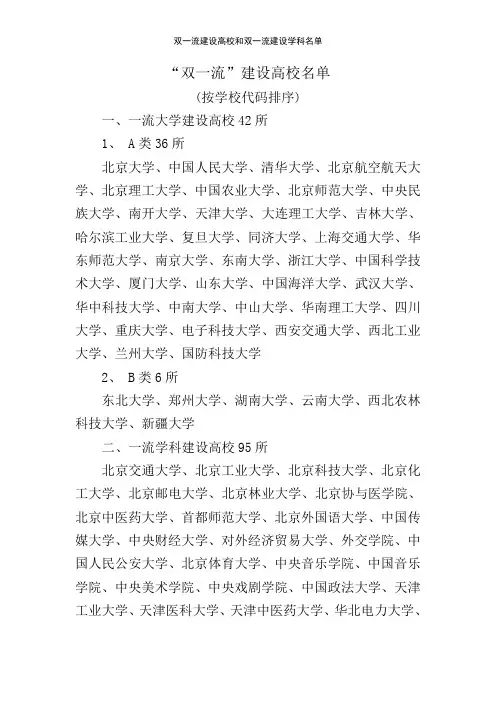 双一流建设高校和双一流建设学科名单