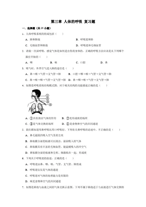 2020-2021学年人教版生物七年级下册 第三章 人体的呼吸 复习题(解析版)