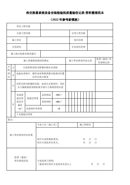 热交换器系统设备安装检验批质量验收记录-资料整理范本(2022年参考新模板)