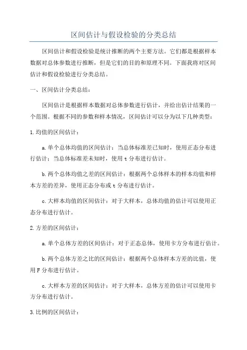 区间估计与假设检验的分类总结