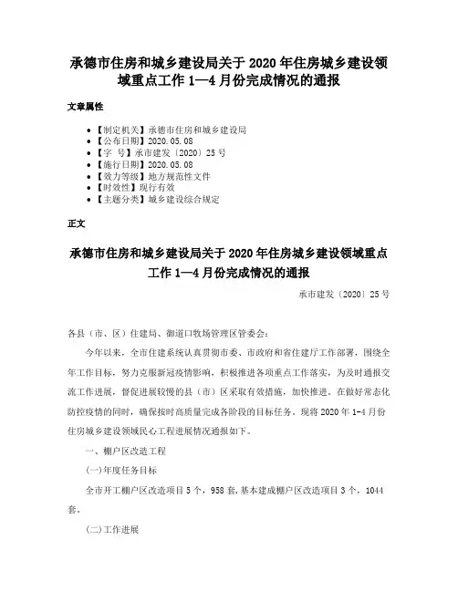 承德市住房和城乡建设局关于2020年住房城乡建设领域重点工作1—4月份完成情况的通报