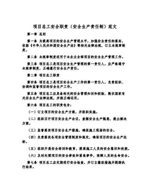项目总工安全职责(安全生产责任制)范文