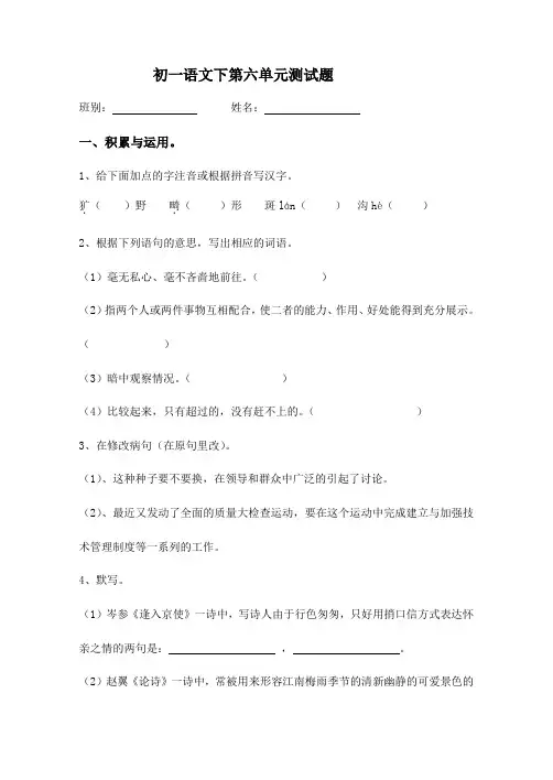 2020部编版语文七年级下册第6单元测试题及答案