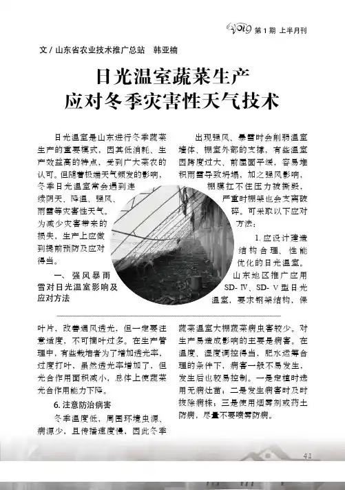 日光温室蔬菜生产应对冬季灾害性天气技术