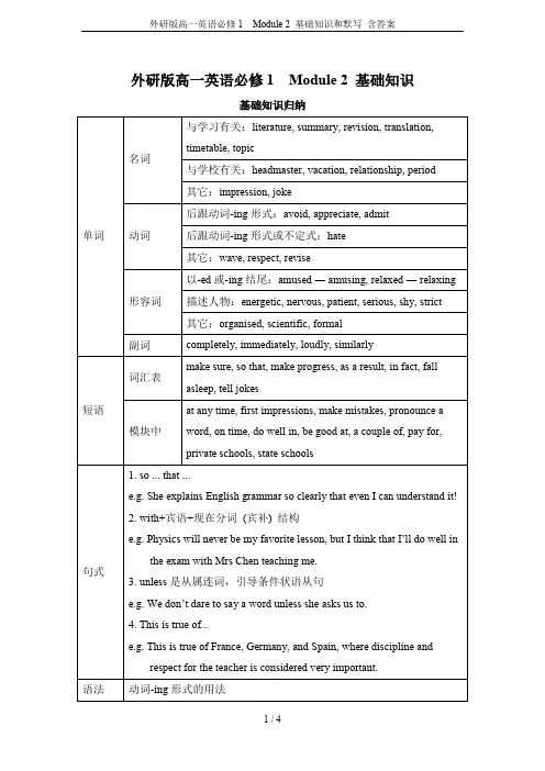 外研版高一英语必修1  Module 2 基础知识和默写 含答案