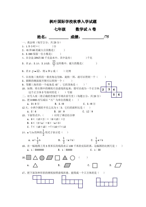 枫叶国际学校秋季入学试题