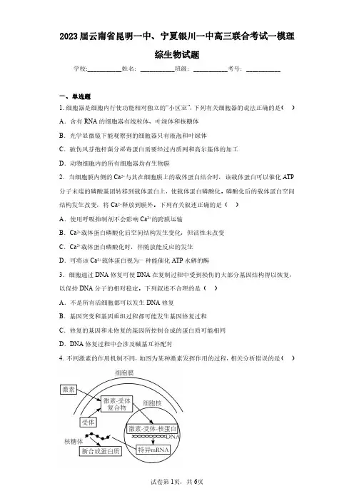 2023届云南省昆明一中、宁夏银川一中高三联合考试一模理综生物试题(含答案解析)