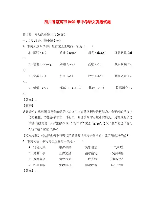 四川省南充市2020年中考语文真题试题(含解析)