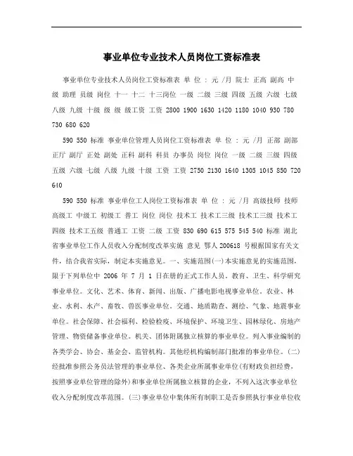 事业单位专业技术人员岗位工资标准表