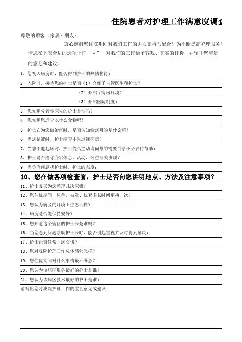 住院患者对护理工作满意度调查表