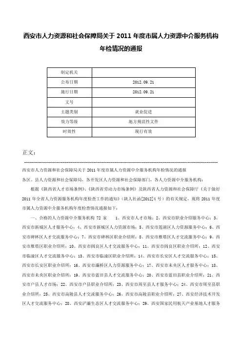 西安市人力资源和社会保障局关于2011年度市属人力资源中介服务机构年检情况的通报-