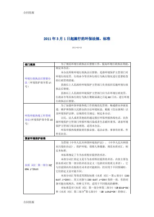 【合同资料】XXXX年3月1日起施行的环保法规标准精品版