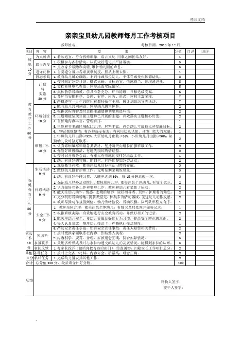幼儿园教师每月工作考核表(样表)