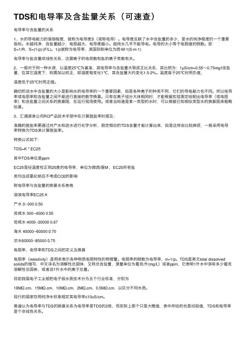 TDS和电导率及含盐量关系（可速查）