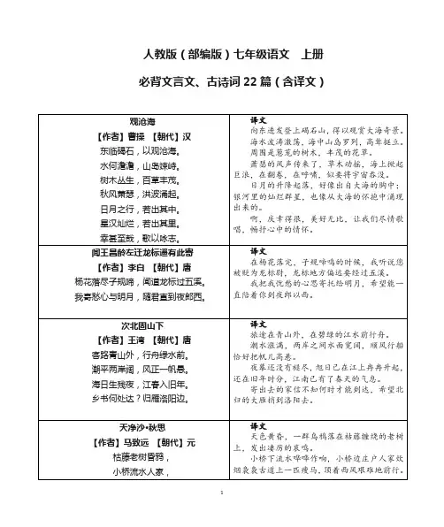 人教版(部编版)七年级语文上册必背文言文、古诗词22篇(含译文,5页打印版)