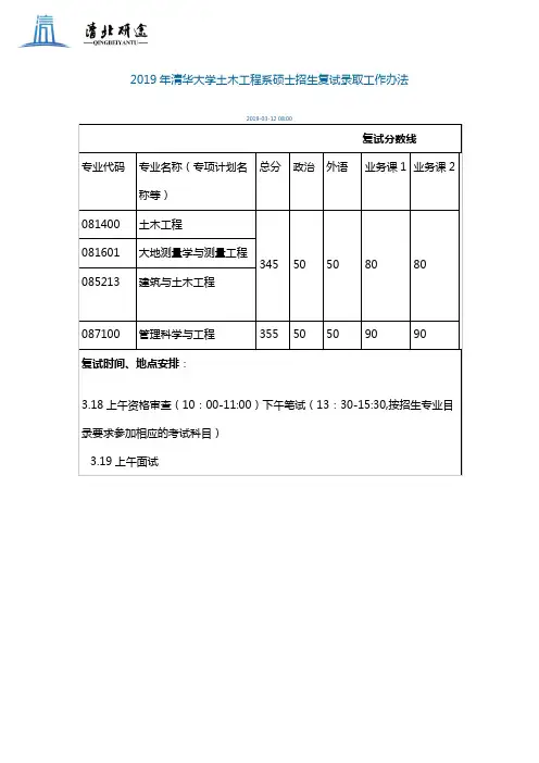 2019年清华大学土木工程系硕士招生复试录取工作办法