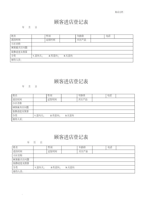 顾客进店登记表